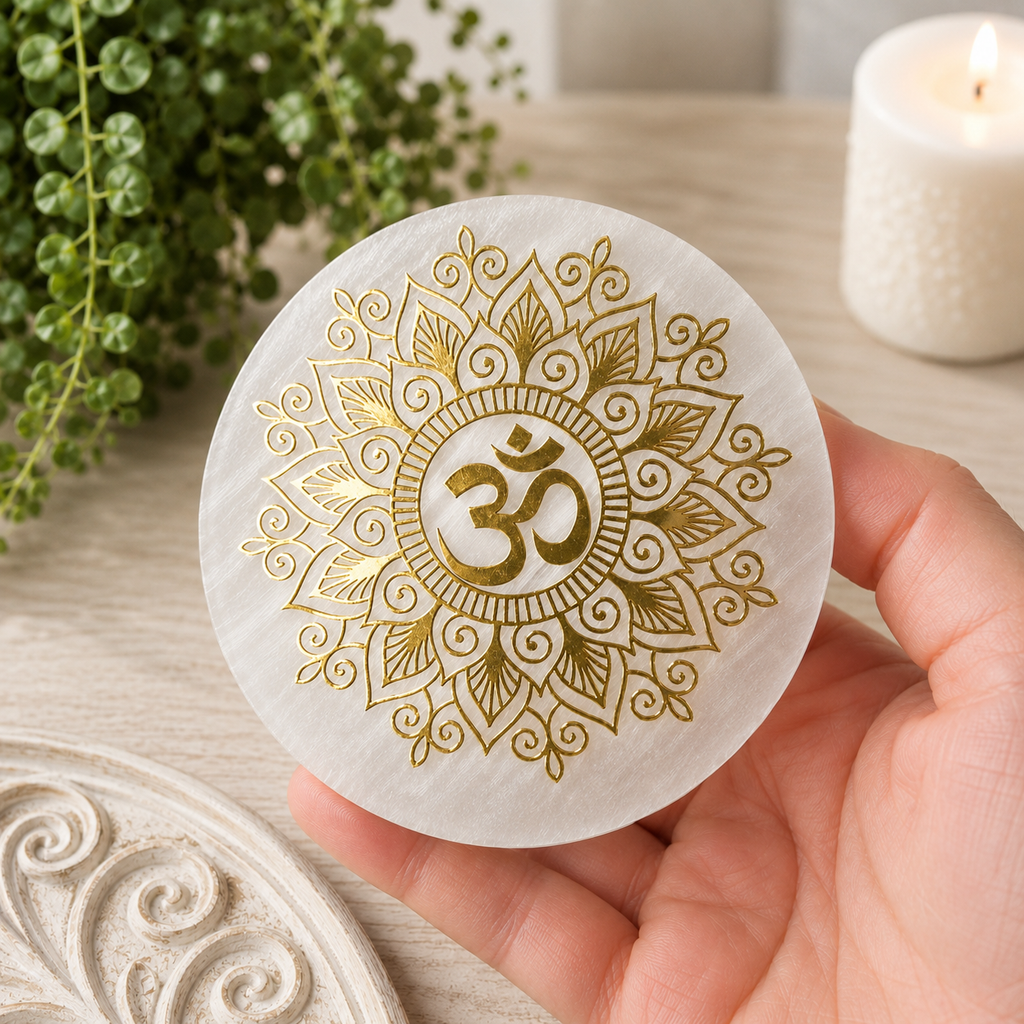 8cm Gold Om Selenite Plate with Stand
