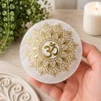 8cm Gold Om Selenite Plate with Stand
