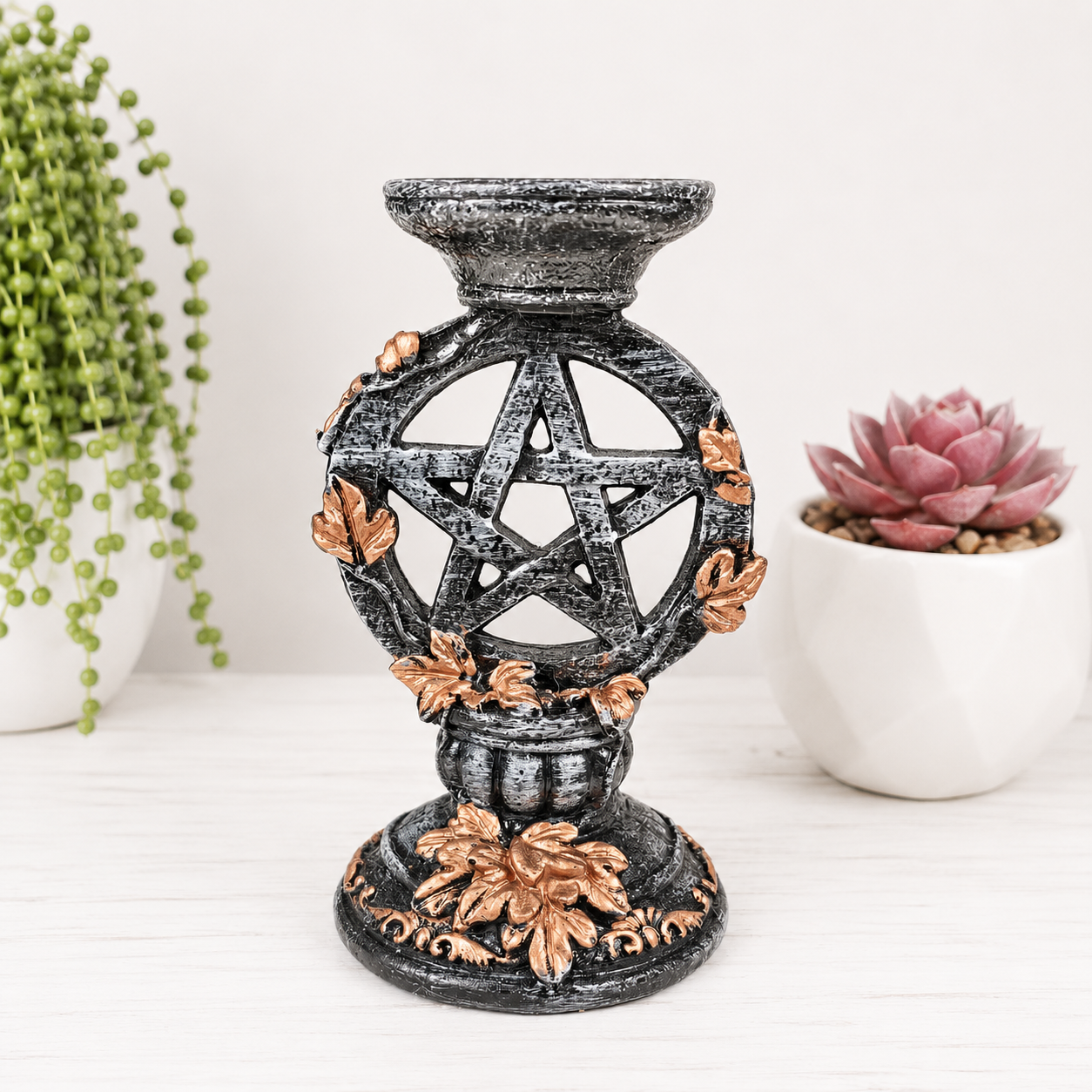 Bronze Leaf on Silver Pentagram Sphere Stand