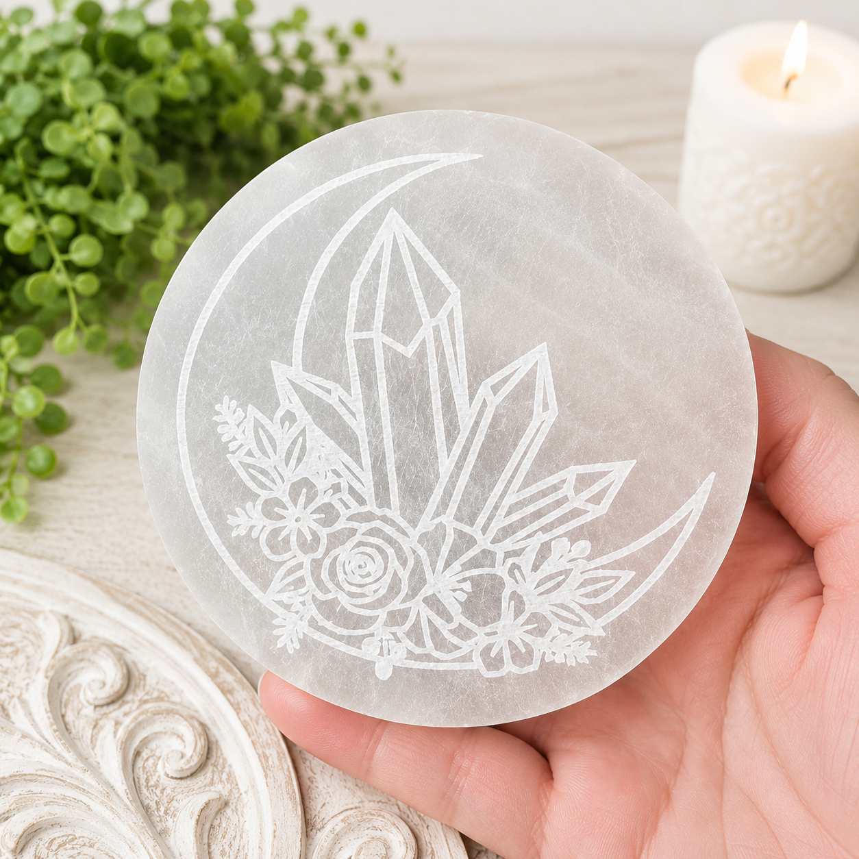 10cm Crystal Moon Selenite Plate with Stand