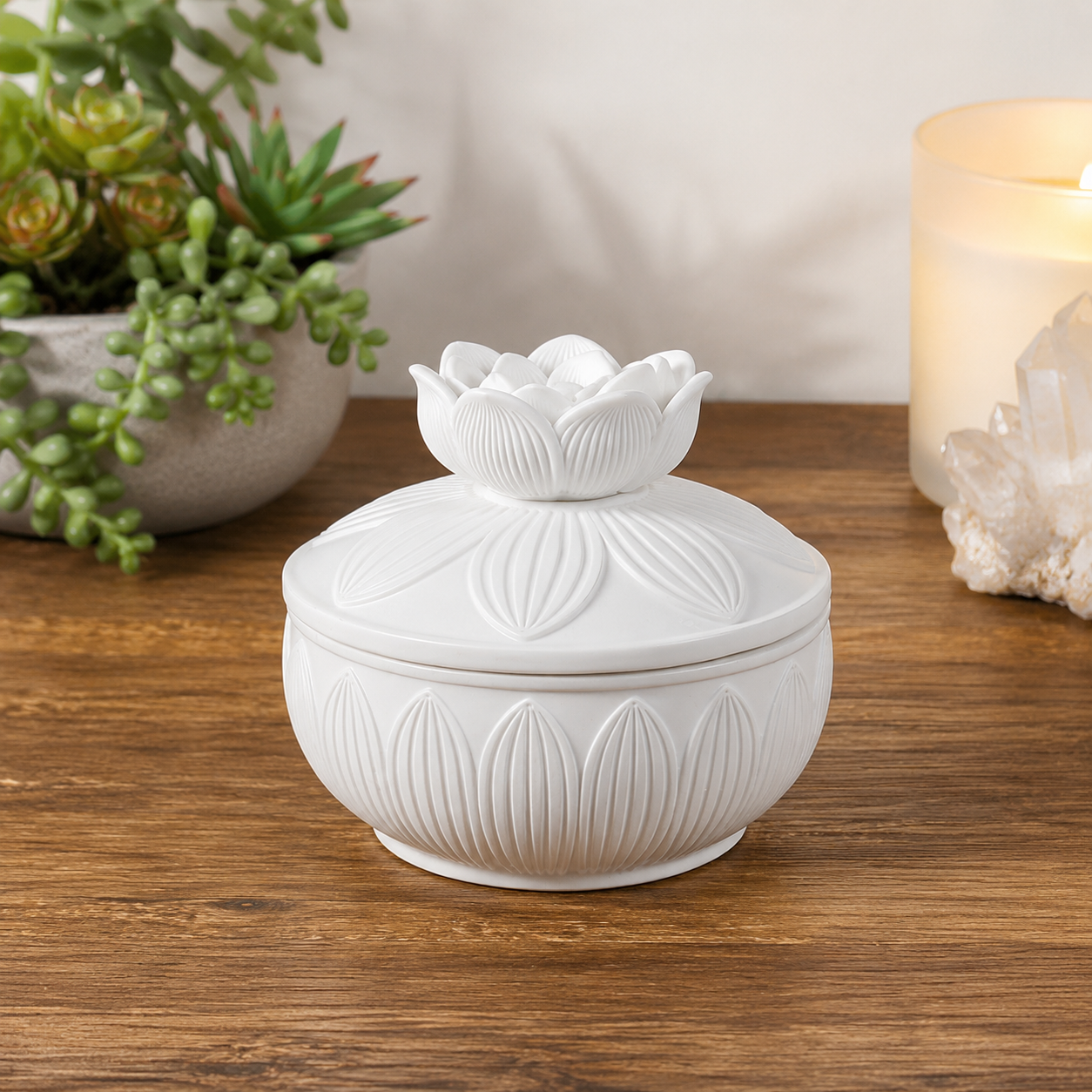 White Lotus Ceramic Trinket Dish