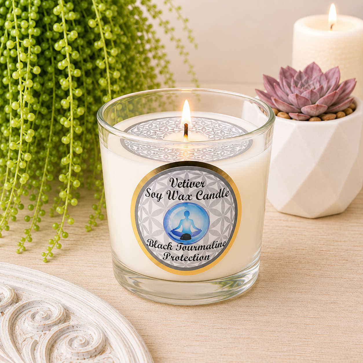 Protection - Black Tourmaline with Vetiver Soy Wax Tealight Candle