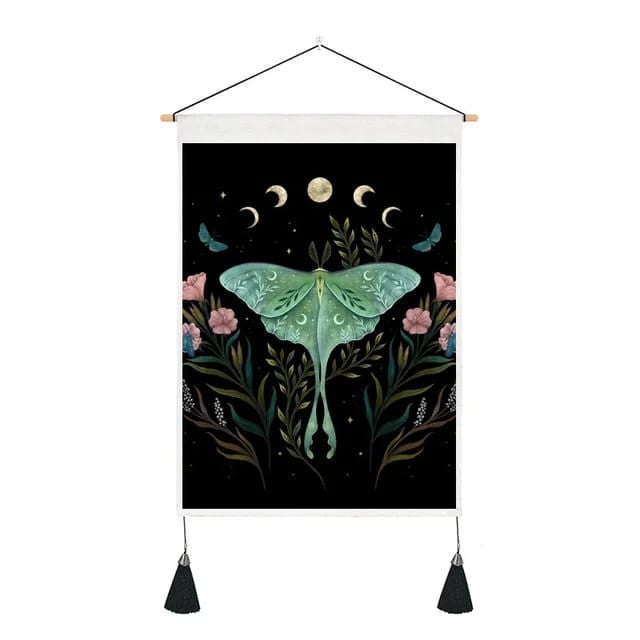 Luna Moth on Black Banner with Green Leaves