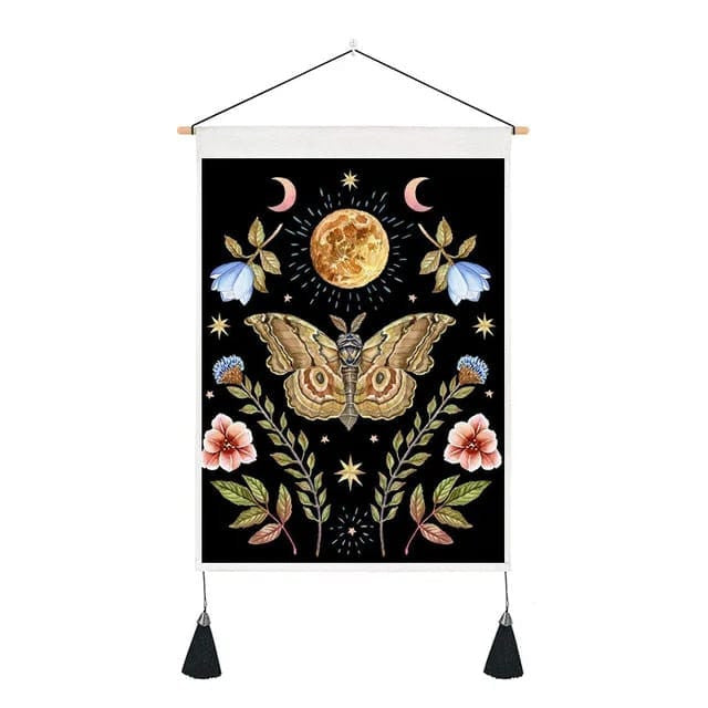 Brown Luna Moth on Black Banner with Green Leaves