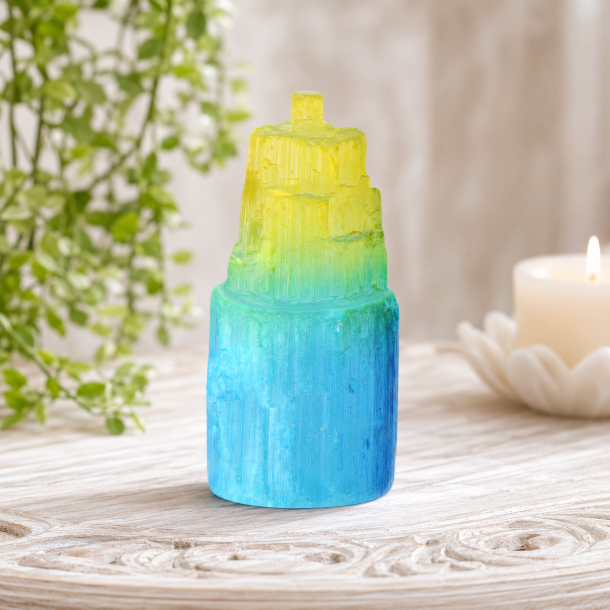 8cm-10cm Aura Coated Selenite Tower - Yellow/Blue