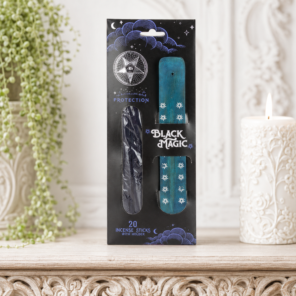 Black Magic Protection Incense Holder with 20 Incense Sticks (Black Opium & Myrrh)