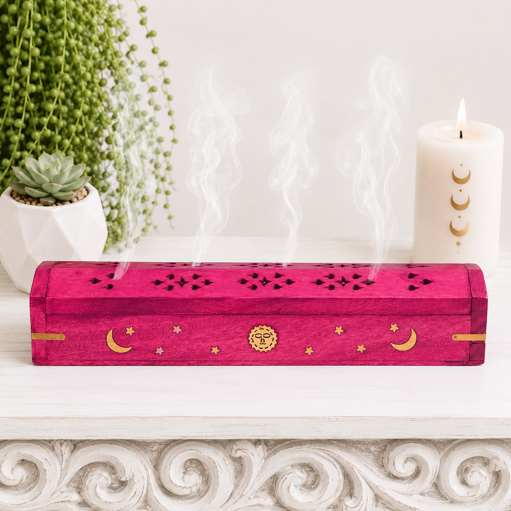 30.5cm Hot Pink Sun & Moon Wooden Incense Stick & Cone Burner