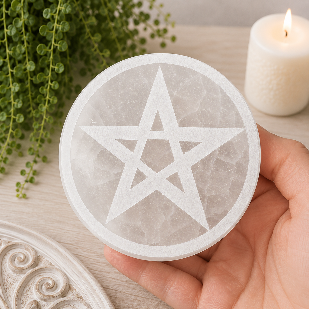 10cm Pentagram Selenite Plate with Stand