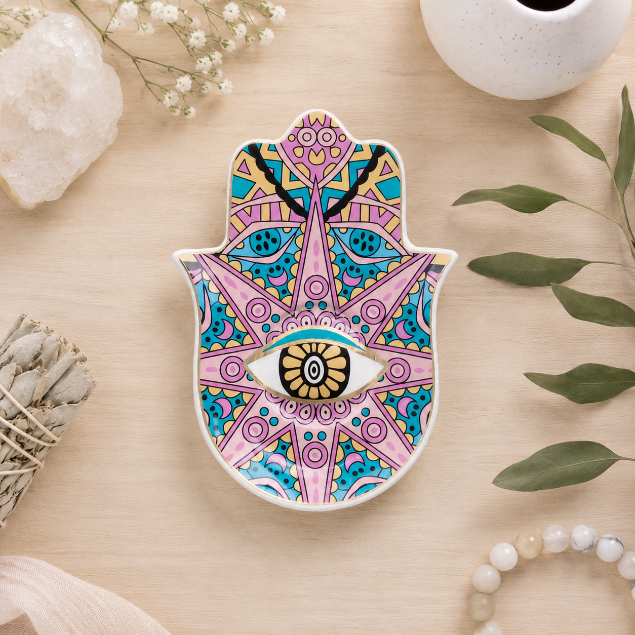 16cm Pink & Gold Hamsa Ceramic Trinket Dish