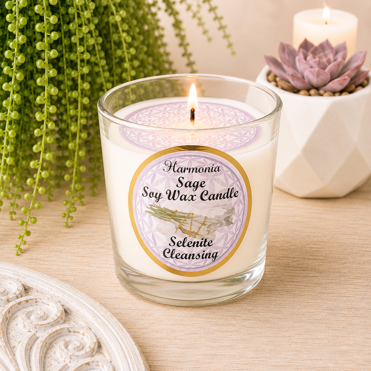 Cleansing - Selenite with Sage Soy Wax Tealight Candle