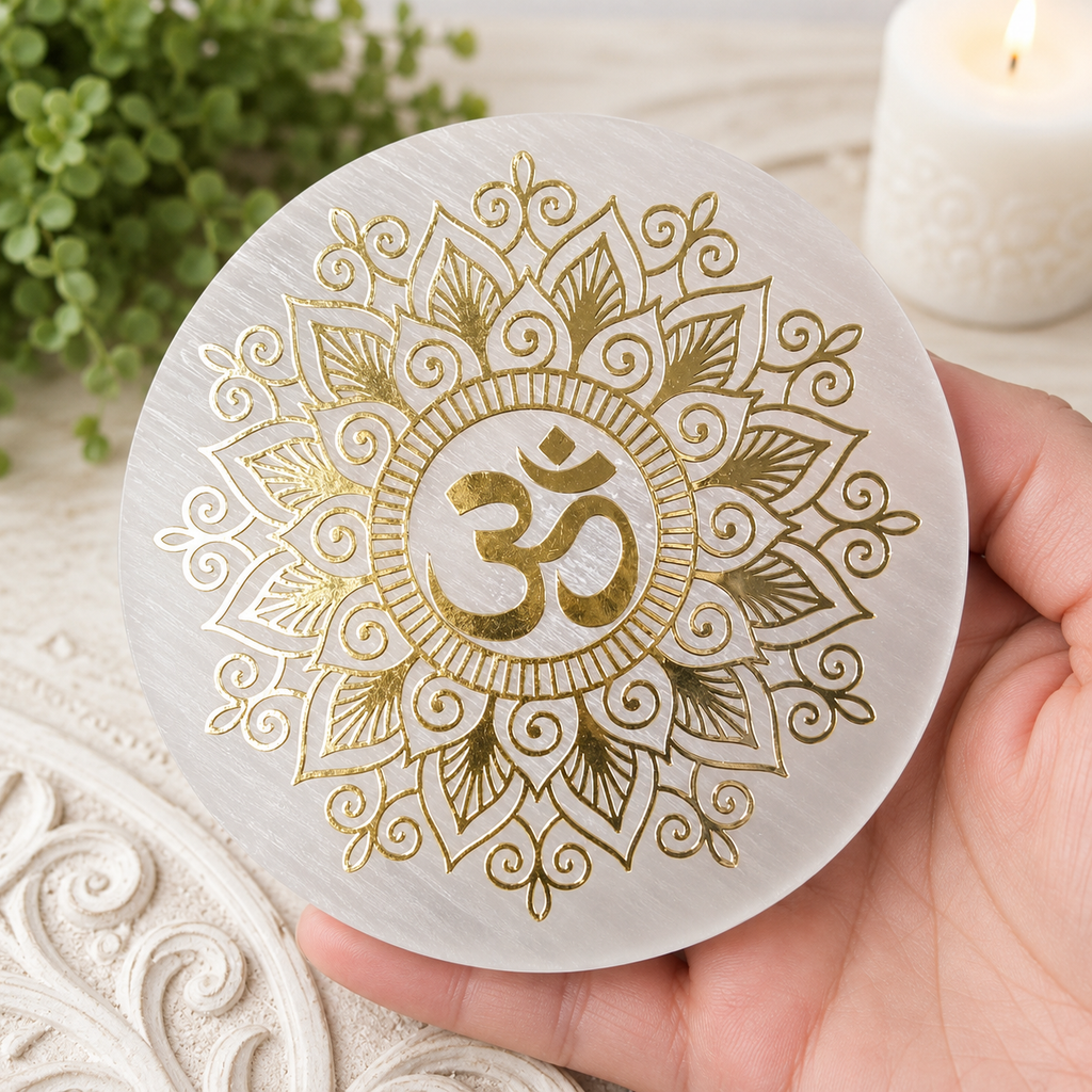 10cm Gold Om Selenite Plate with Stand