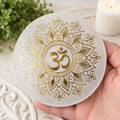 10cm Gold Om Selenite Plate with Stand