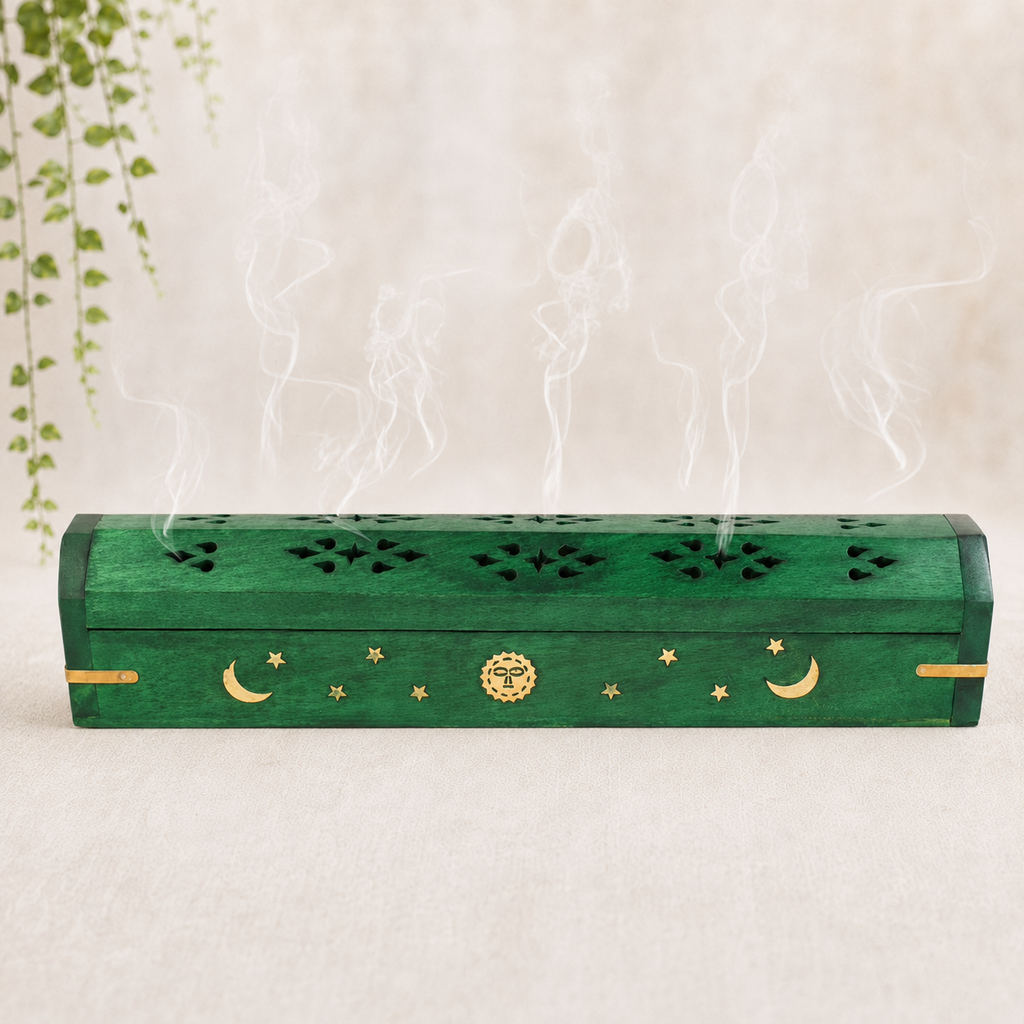 30.5cm Green Sun & Moon Wooden Incense Stick & Cone Burner