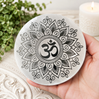 10cm Silver Om Selenite Plate with Stand