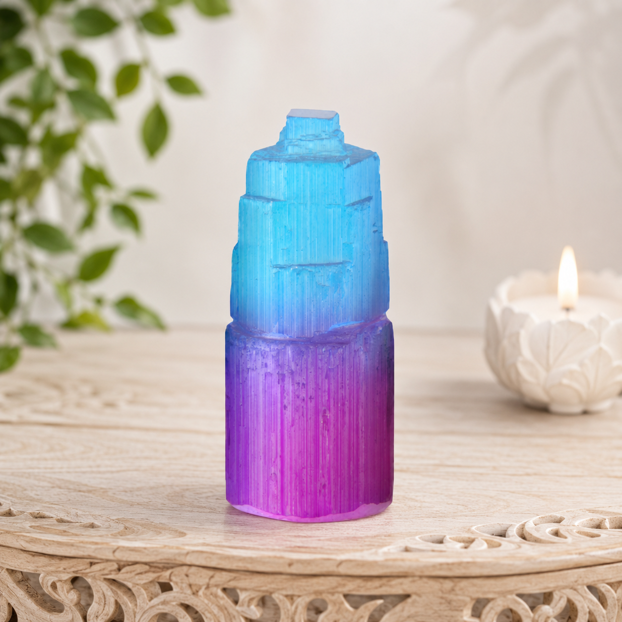 8cm-10cm Aura Coated Selenite Tower - Blue/Purple