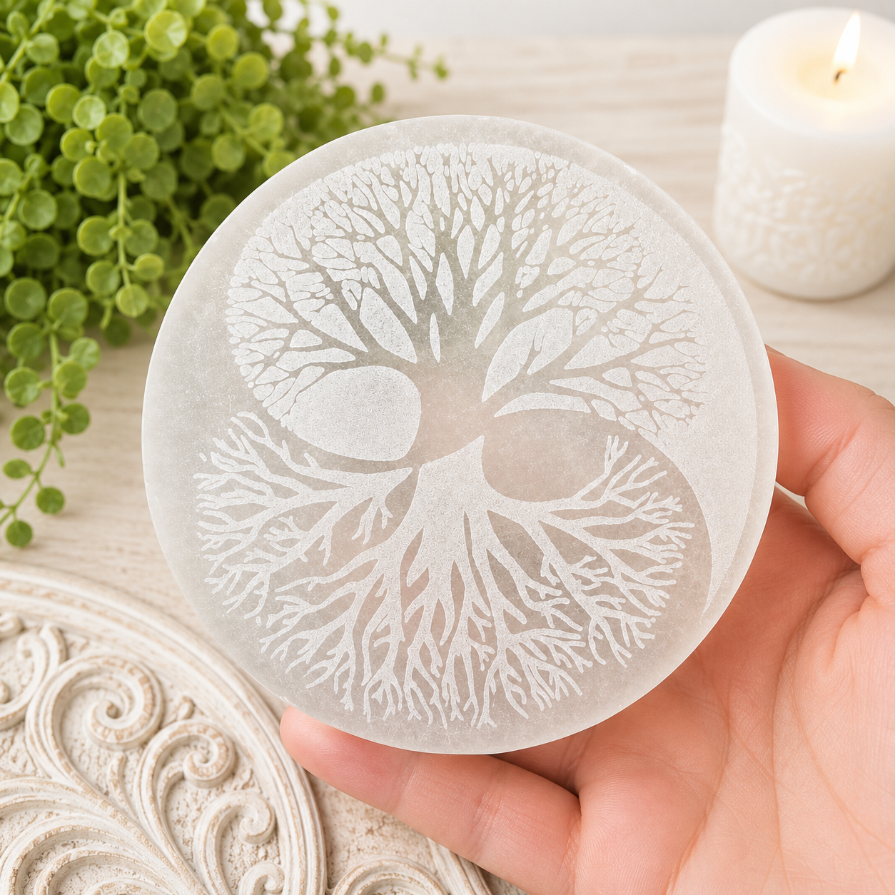 10cm Tree of Life Selenite Plate with Stand