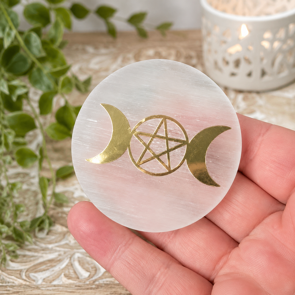 6cm Gold Triple Moon Selenite Plate with Stand