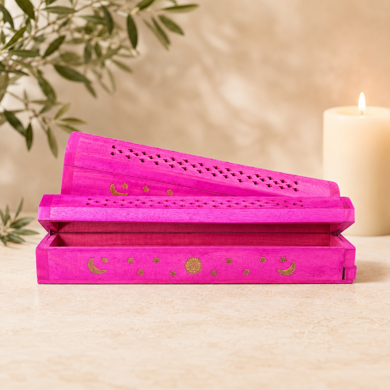 30.5cm Hot Pink Sun & Moon Wooden Incense Stick & Cone Burner