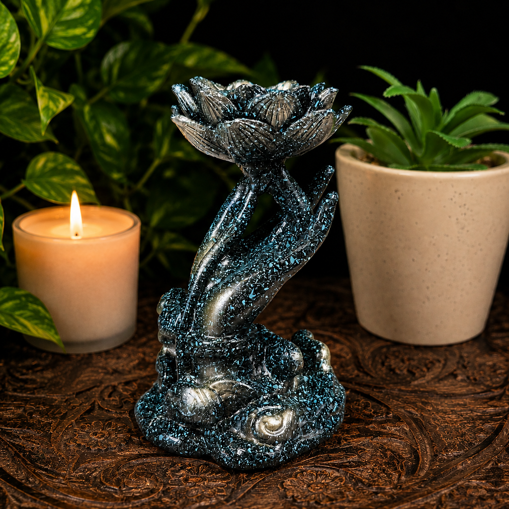 Blue Speckled on Black Hand with Lotus Sphere Stand