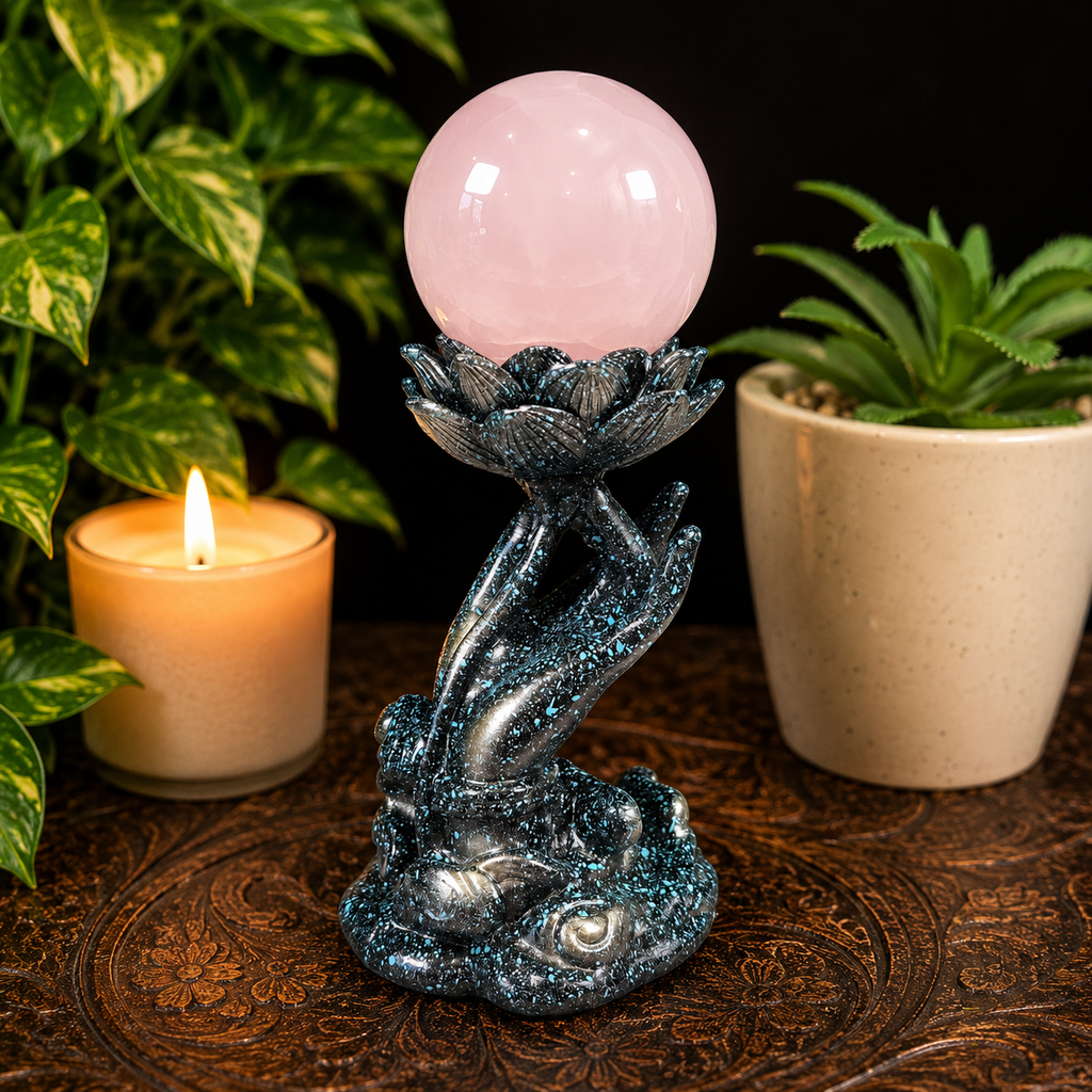 Blue Speckled on Black Hand with Lotus Sphere Stand