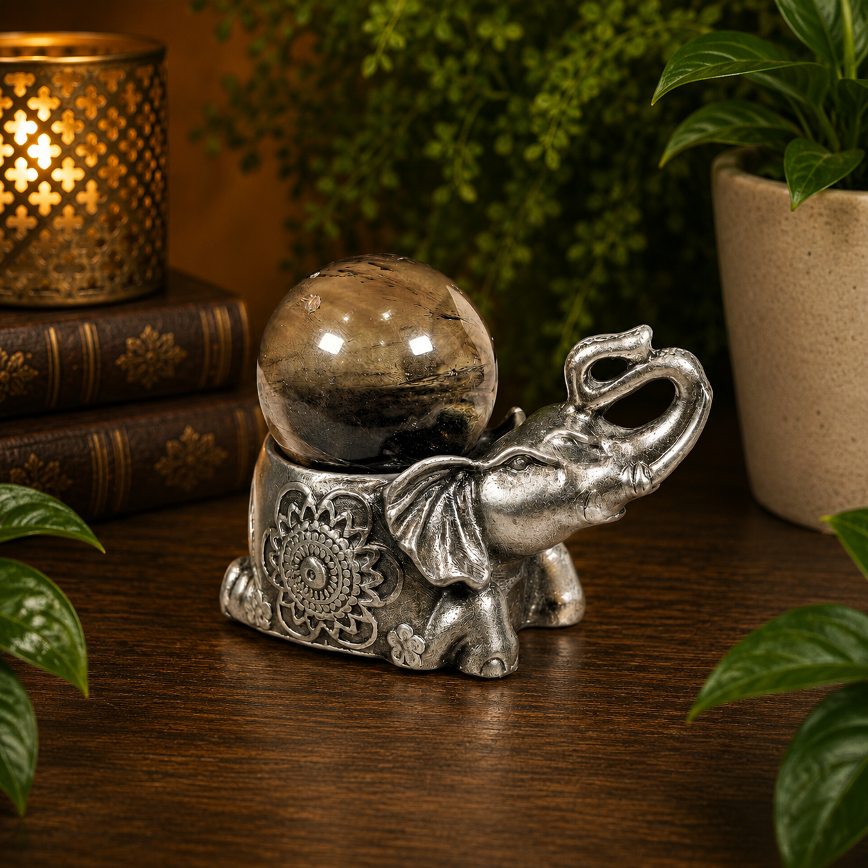 Gun Metal Gray Elephant Metal Sphere Stand