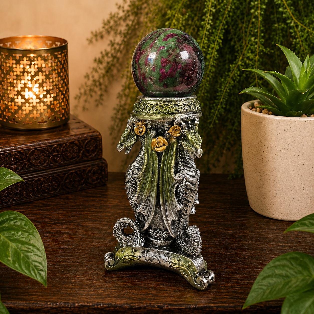 Green Triple Dragon Sphere Stand