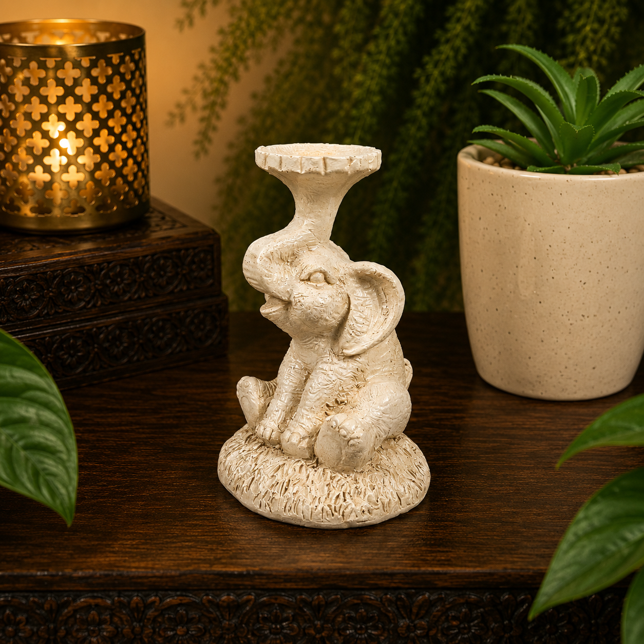White Sitting Elephant Sphere Stand