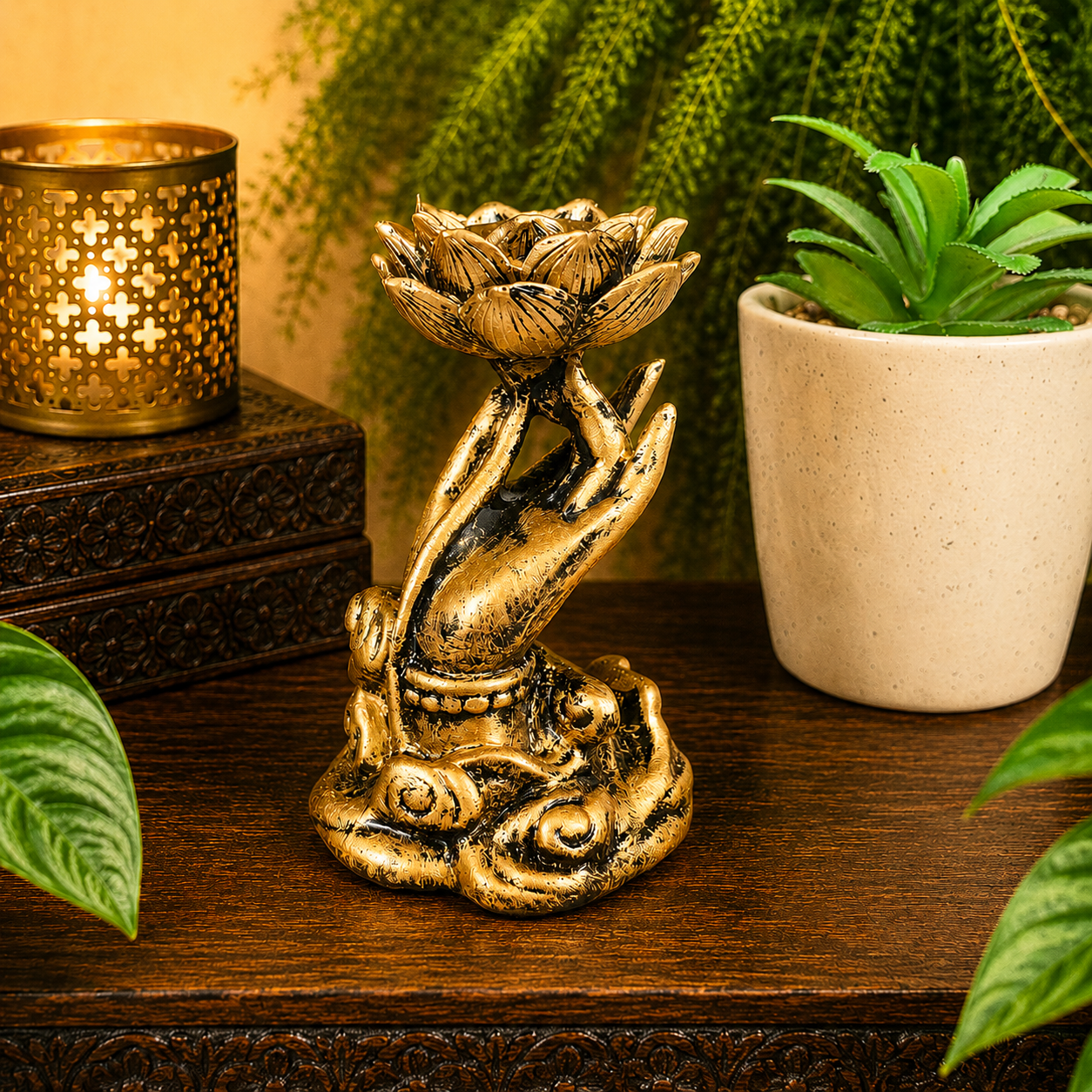 Gold Hand with Lotus Sphere Stand