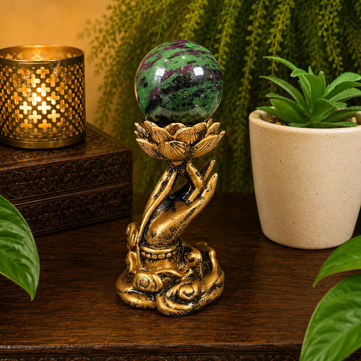 Gold Hand with Lotus Sphere Stand