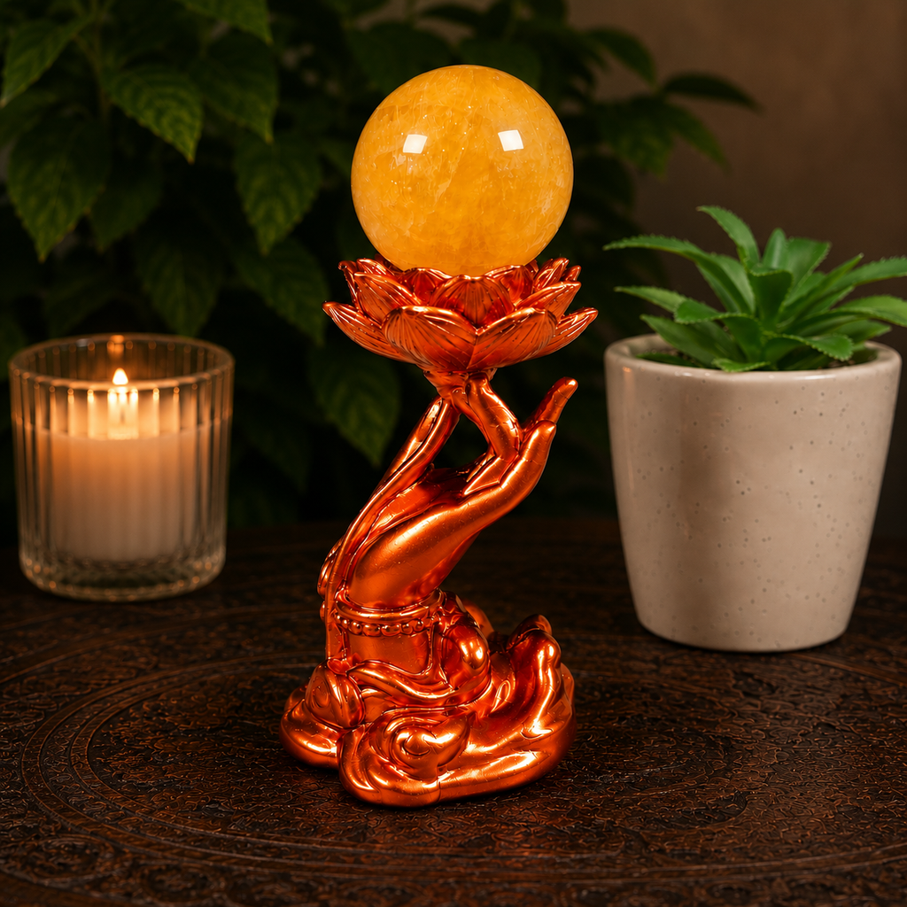 Metallic Orange Hand with Lotus Sphere Stand