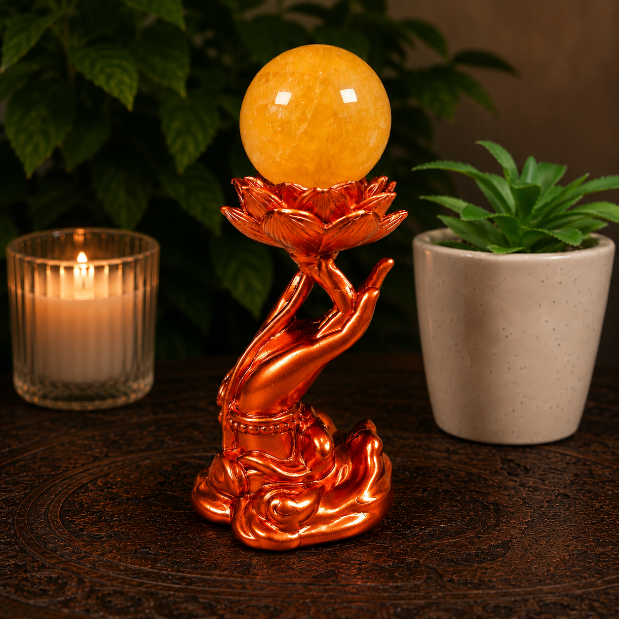 Metallic Orange Hand with Lotus Sphere Stand