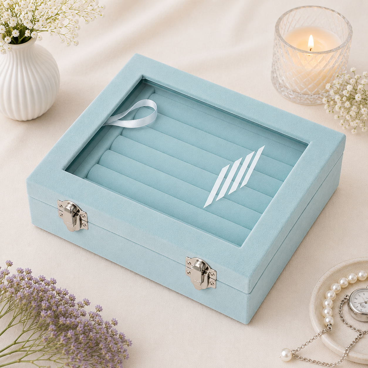 Light Blue Velvet Ring Box