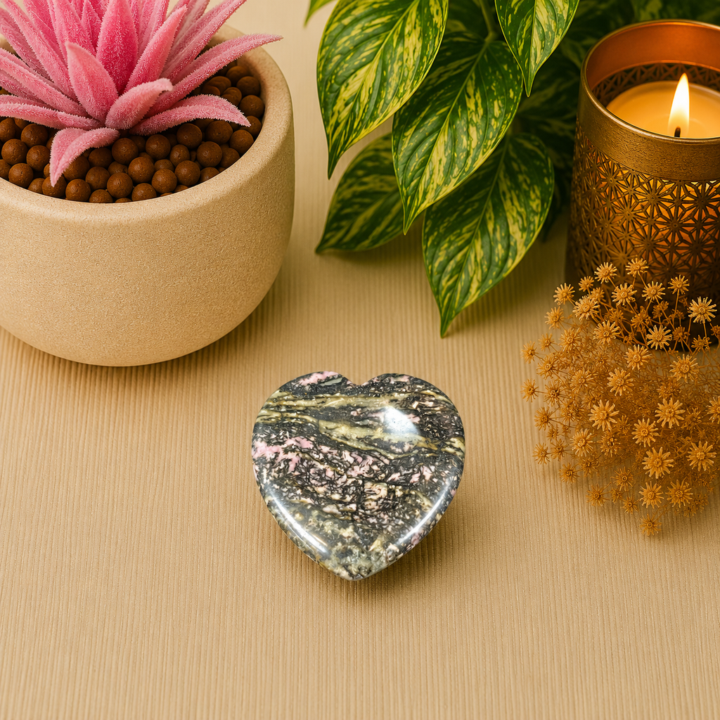Black Line Rhodonite Heart Shape Worry Stone (Thumb Stone)
