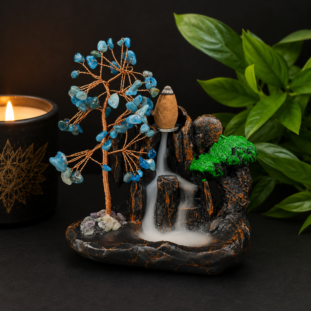 Apatite Chip Waterfall Backflow Incense Burner & 20 Cones