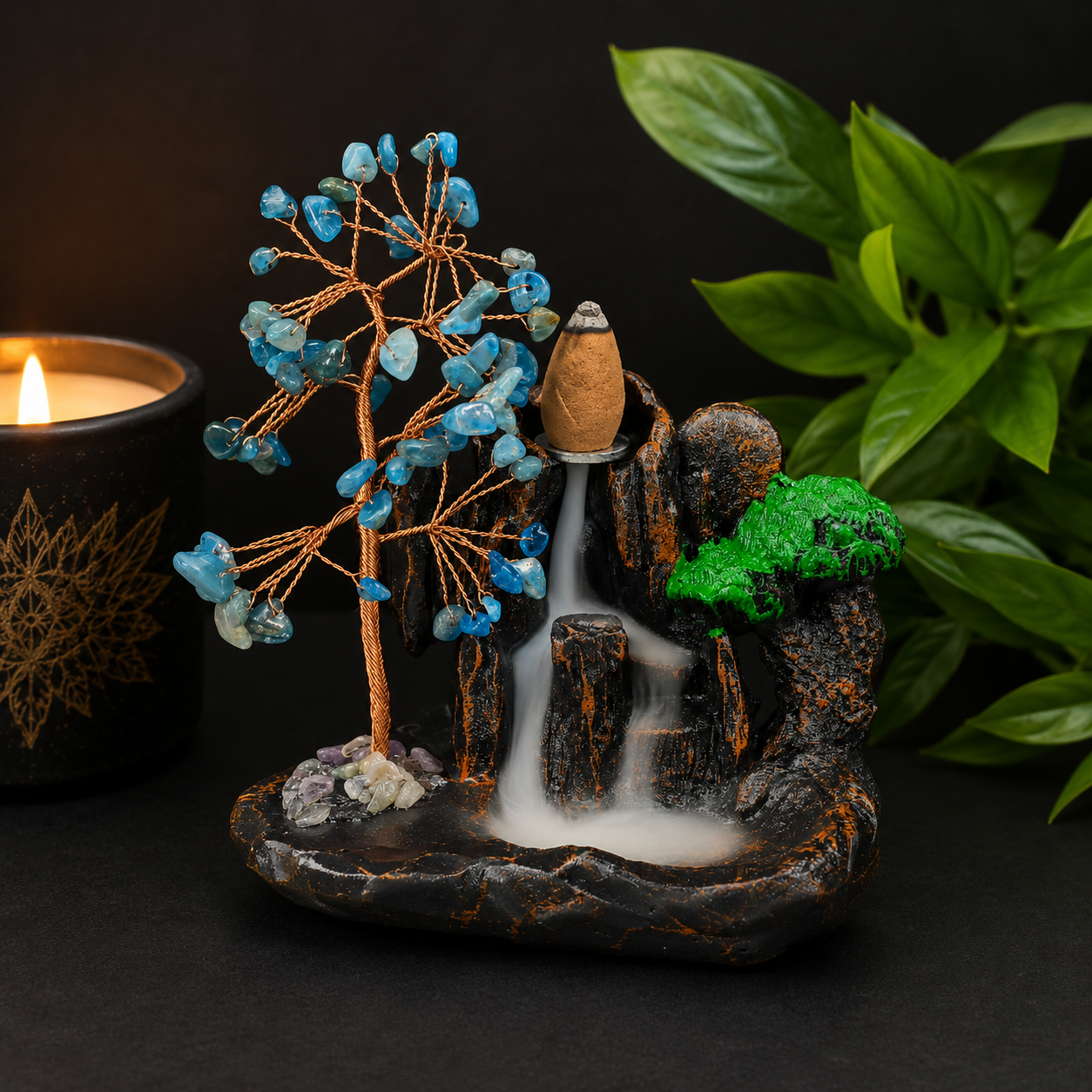 Apatite Chip Waterfall Backflow Incense Burner & 20 Cones