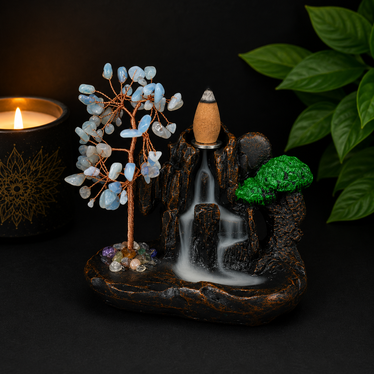Aquamarine Chip Waterfall Backflow Incense Burner & 20 Cones