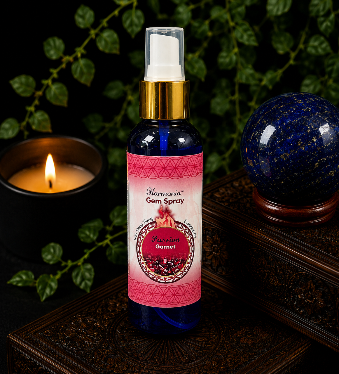 150ml Passion - Garnet Gemstone Chips & Ylang Ylang Harmonia Essential Oil Spray