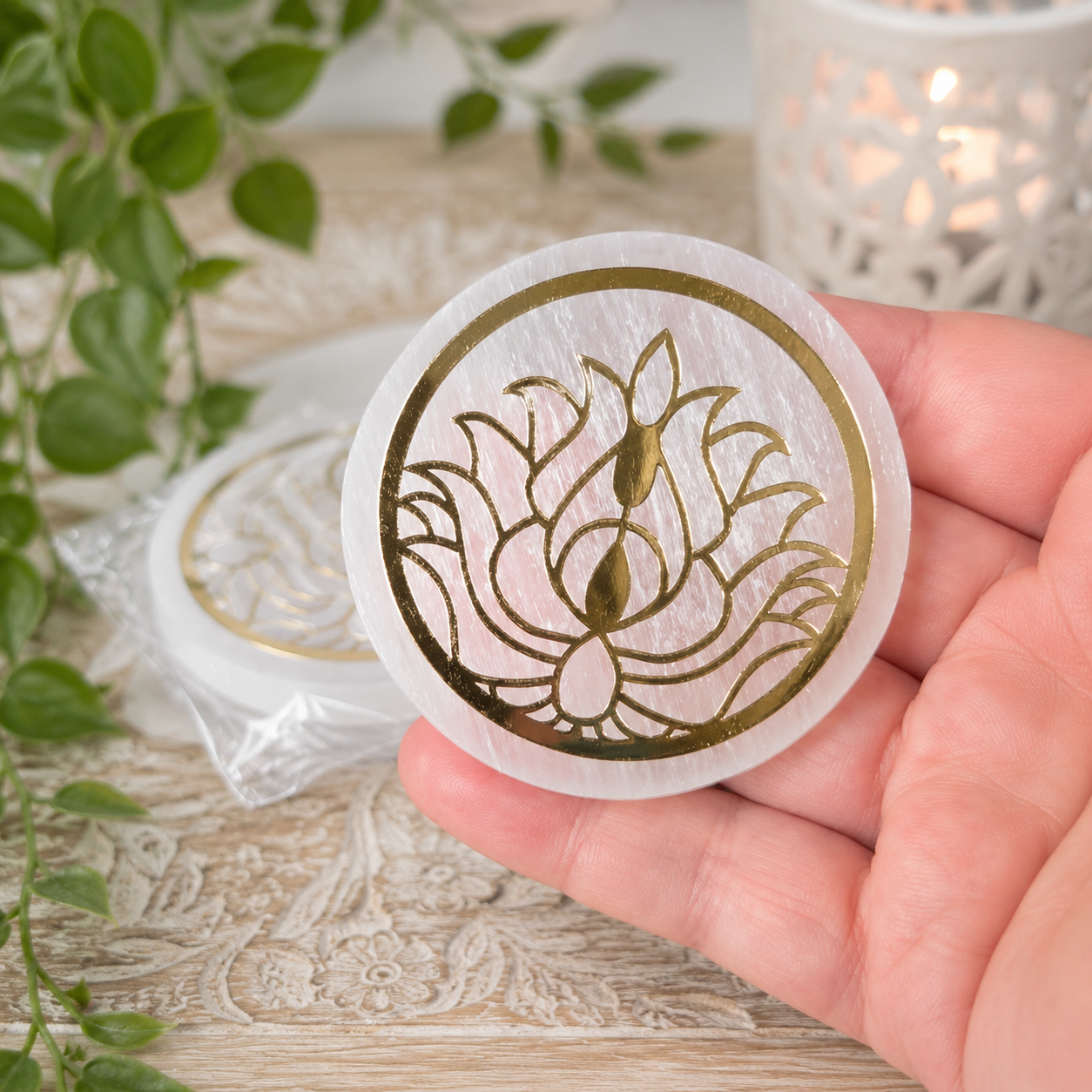 6cm Gold Lotus Selenite Plate with Stand