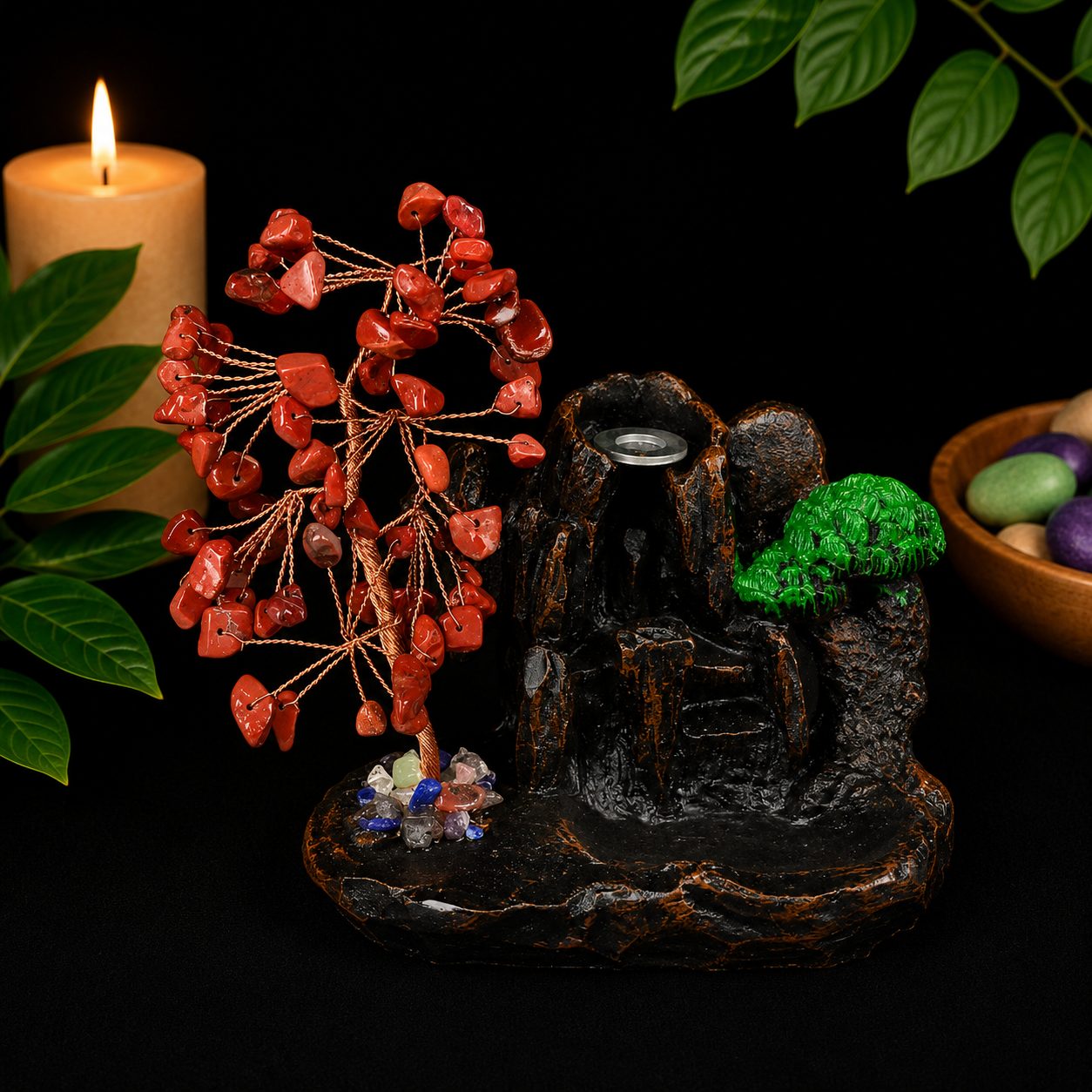 Red Jasper Chip Waterfall Backflow Incense Burner & 20 Cones