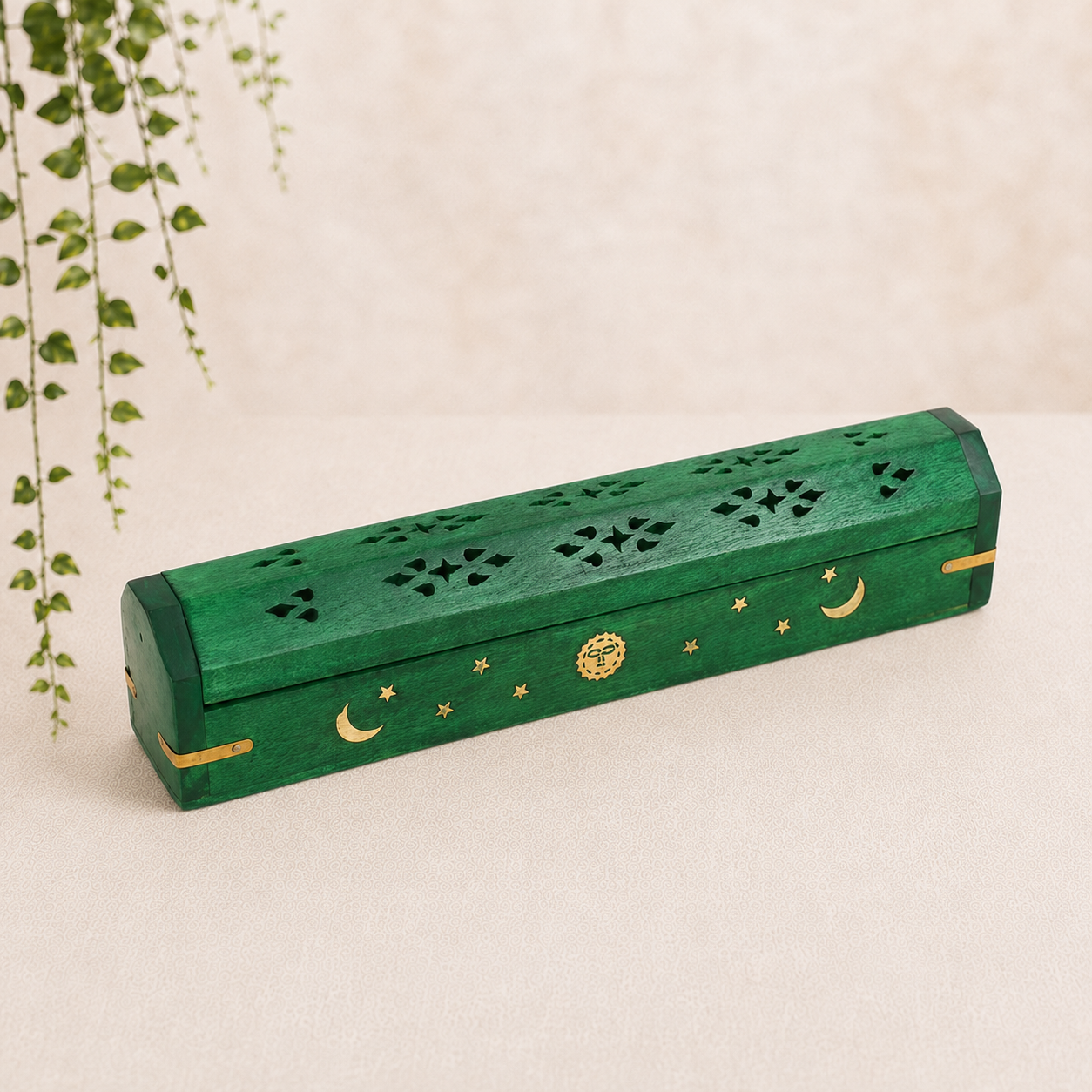 30.5cm Green Sun & Moon Wooden Incense Stick & Cone Burner