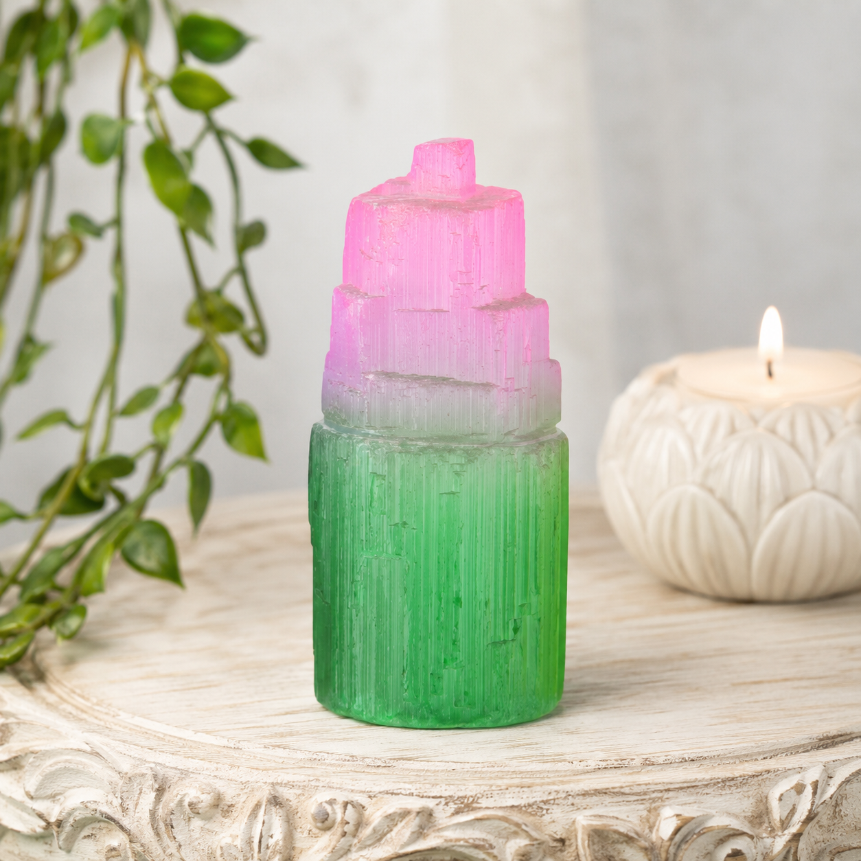 8cm-10cm Aura Coated Selenite Tower - Pink/Green