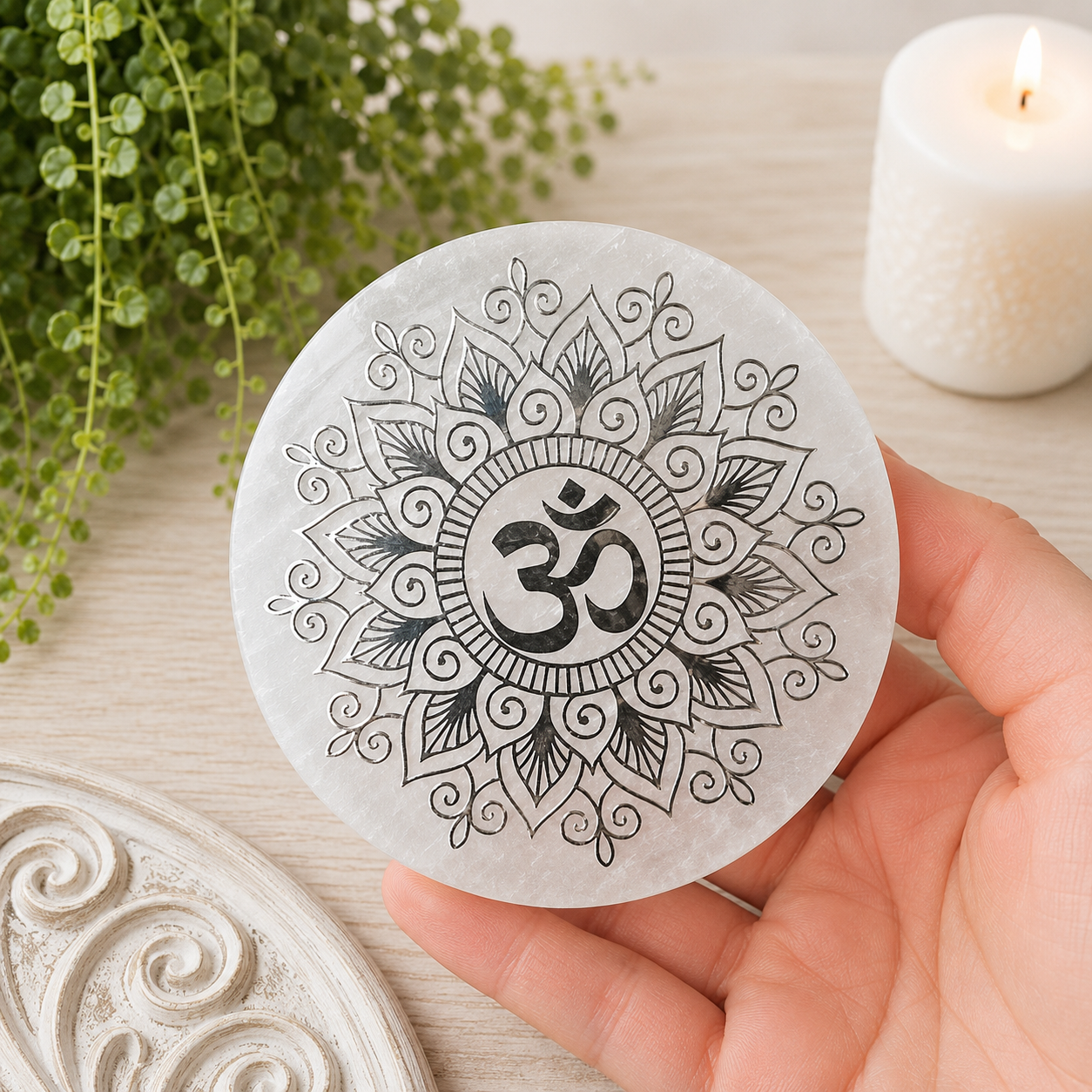 8cm Silver Om Selenite Plate with Stand