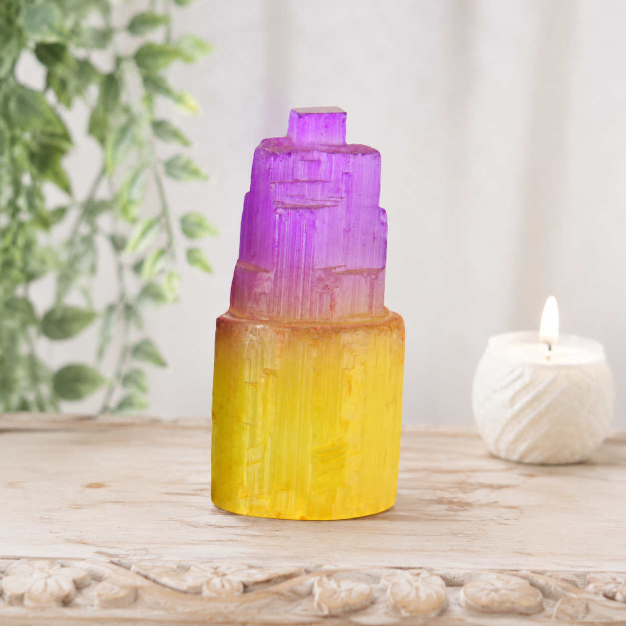 8cm-10cm Aura Coated Selenite Tower - Purple/Yellow