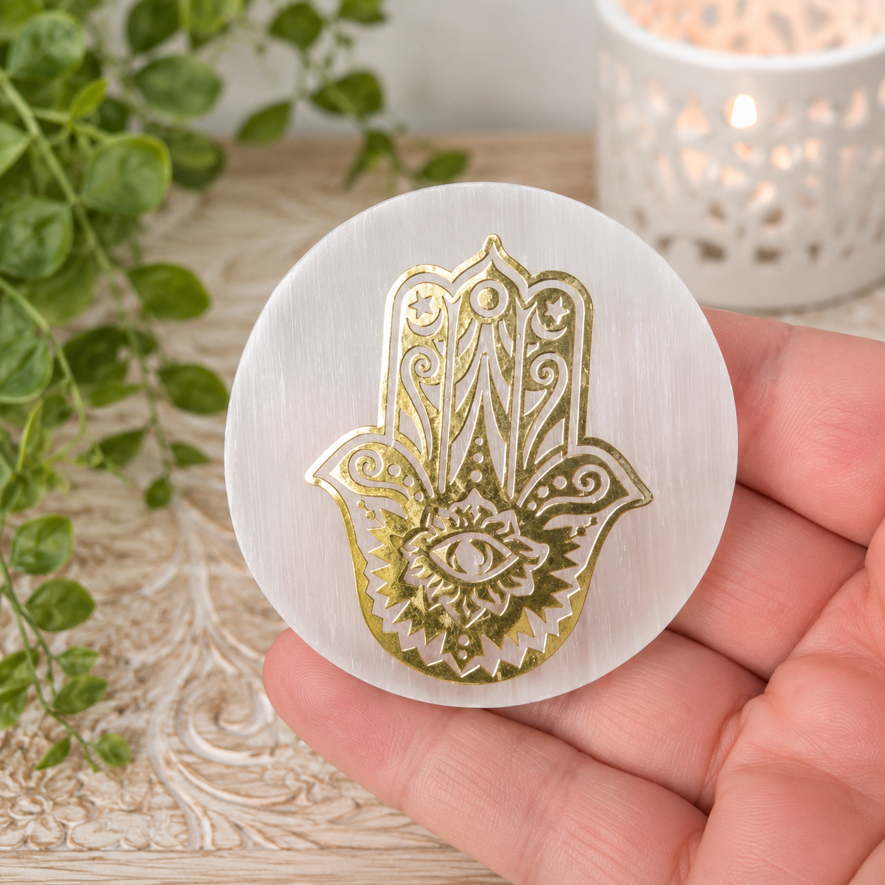 6cm Gold Hamsa Selenite Plate with Stand